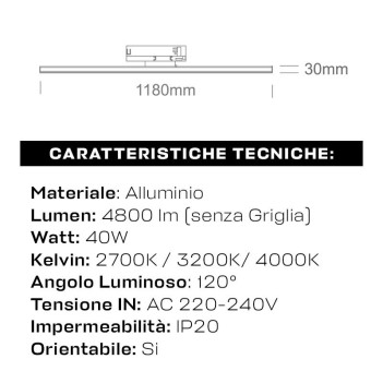 Lampada Led per Binario Trifase SERIE HONEYCOMB 40W 4800lm 120D CCT Colore Nero Orientabile