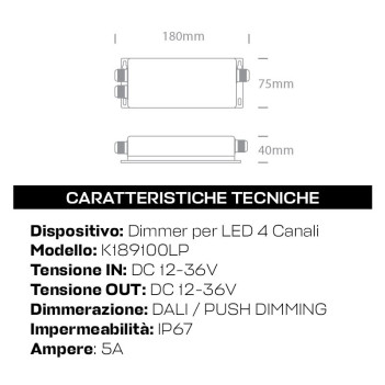 Dimmer RGB+W 4 CH DALI e PUSH Dimming DC 12/36V 5A impermeabile IP67