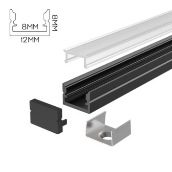 1208 Slim Aluminium Profile for Led Strip - Black 2mt - Complete Kit