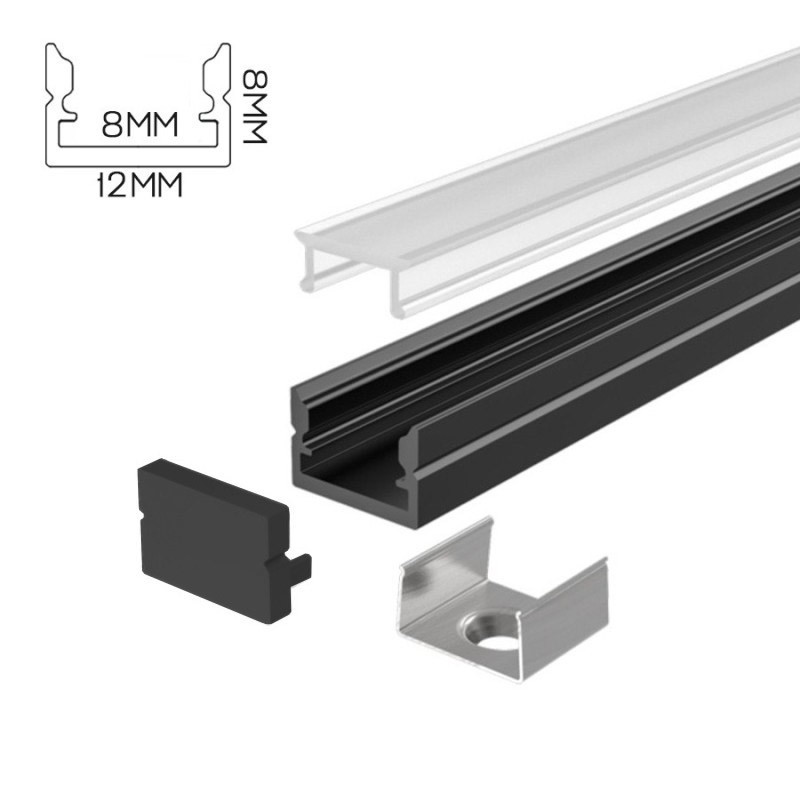 1208 Slim Aluminium Profile for Led Strip - Black 2mt - Complete Kit