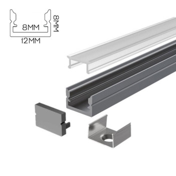 1208 Slim Aluminium Profile for Led Strip - Titanium 2mt - Complete Kit