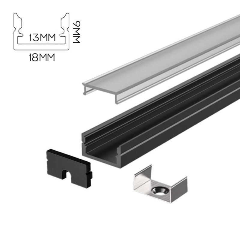 1809 Aluminium Profile for Led Strip - Black 2mt - Complete Kit en