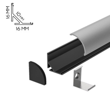 Angular Aluminum Profile 1616 for Led Strip - Black 2mt - Complete Kit en