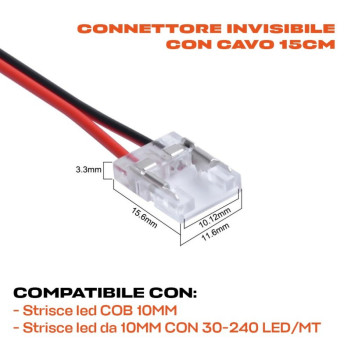 Connettore con Cavo per Striscia Led Monocolore con PCB da 10mm - Cavo 15 cm