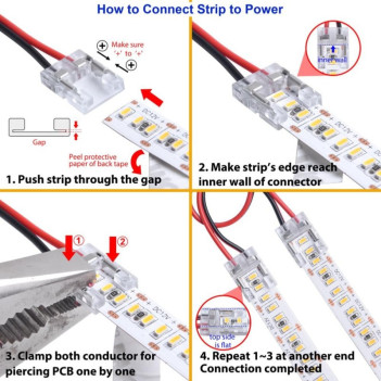 Connector with Cable for Single Colour Led Strip with 10mm PCB - 15 cm Cable