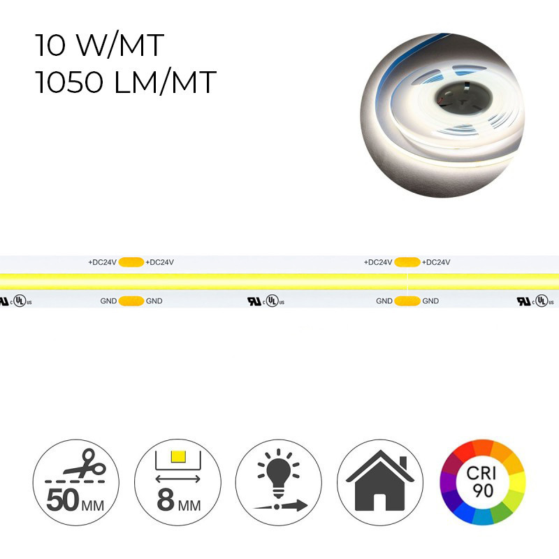 Striscia Led COB CRI90 50W 5250lm 24V IP20 PCB 8mm Chip Led