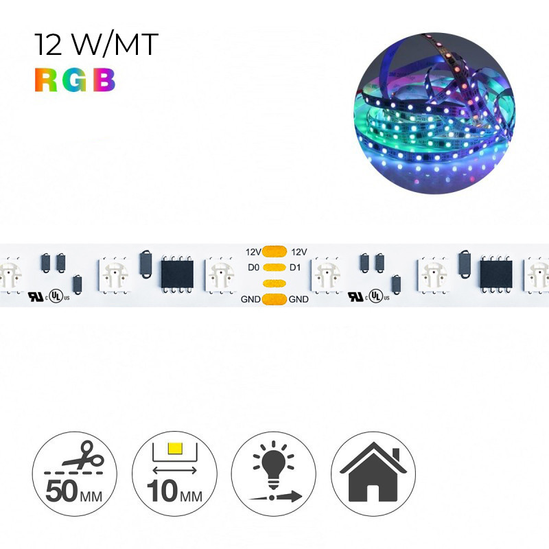 Striscia Led Digitale RGB 60W 1:3 12V IP20 PCB 10mm Bobina