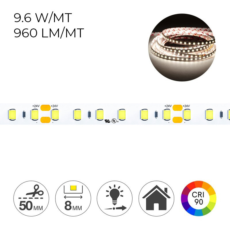 Striscia Led H.C. CRI90 48W 4800lm 24V IP20 PCB 8mm bobina da 600 SMD 2835