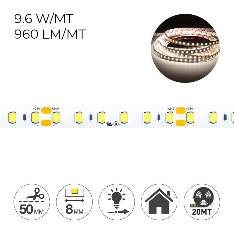 20 m LED Strip Series H.C. CRI90 192W 19200lm 24V IP20 PCB 8mm coil 2400 SMD 2835