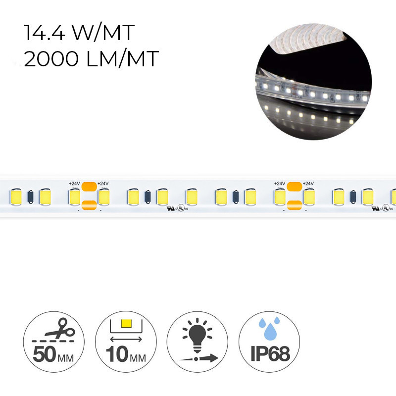 Striscia Led 72W 10000lm 24V IP68 PCB 10mm Bobina da 700 SMD 2835