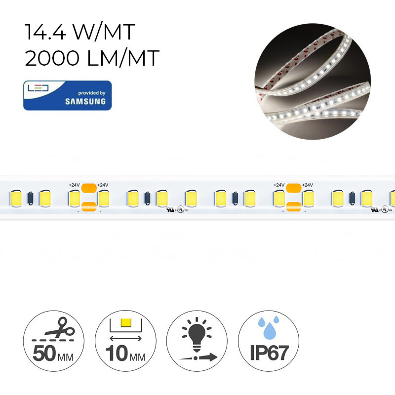 Striscia Led 72W 8000lm 24V IP67 PCB 10mm Bobina da 600 Smd