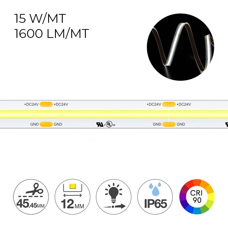 Striscia Led COB 75W 8000lm 24V IP65 PCB 12mm Chip Led