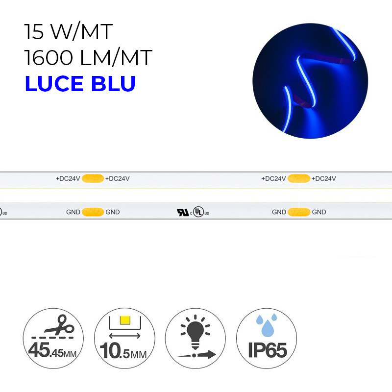 Striscia Led COB Luce Blu 75W 24V IP65-TR PCB 10.5mm Chip