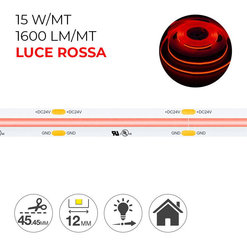 Striscia Led COB 75W Luce Rossa 24V IP20 PCB 10mm Chip Led