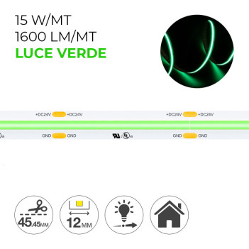 Striscia Led COB 75W Luce Verde 24V IP20 PCB 10mm Chip Led Continua en