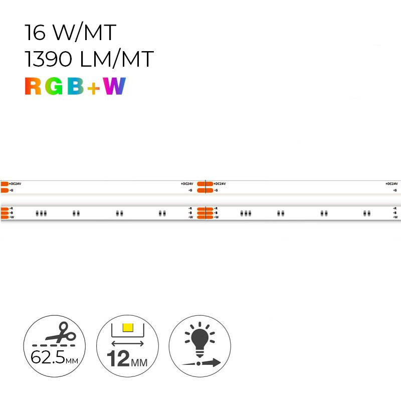 Striscia Led COB RGB+W 80W 6800lm 24V IP20 PCB 12mm Chip Led Continua