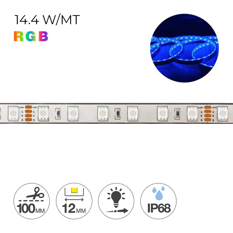 Strip led 72W 24V RGB multicolore impermeabile IP68 PCB da 12mm