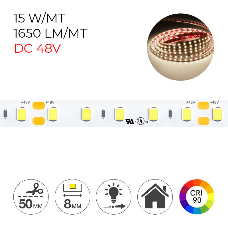 Striscia Led High CRI90 75W 8250 Lumen DC 48V IP20 PCB 8mm Bobina da 500 smd