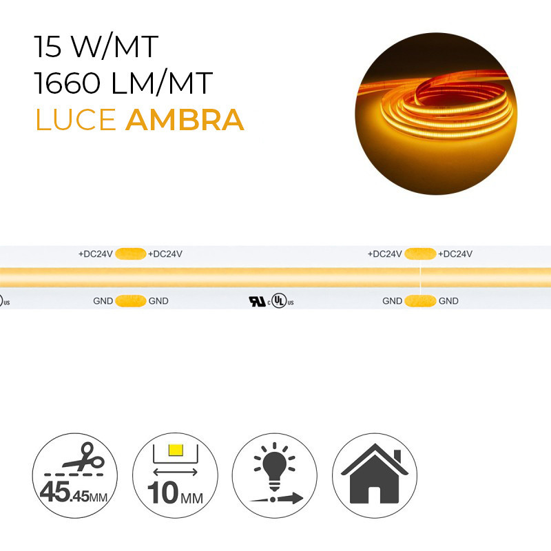 Striscia Led COB 75W Luce Ambra 24V IP20 PCB 10mm Chip Led