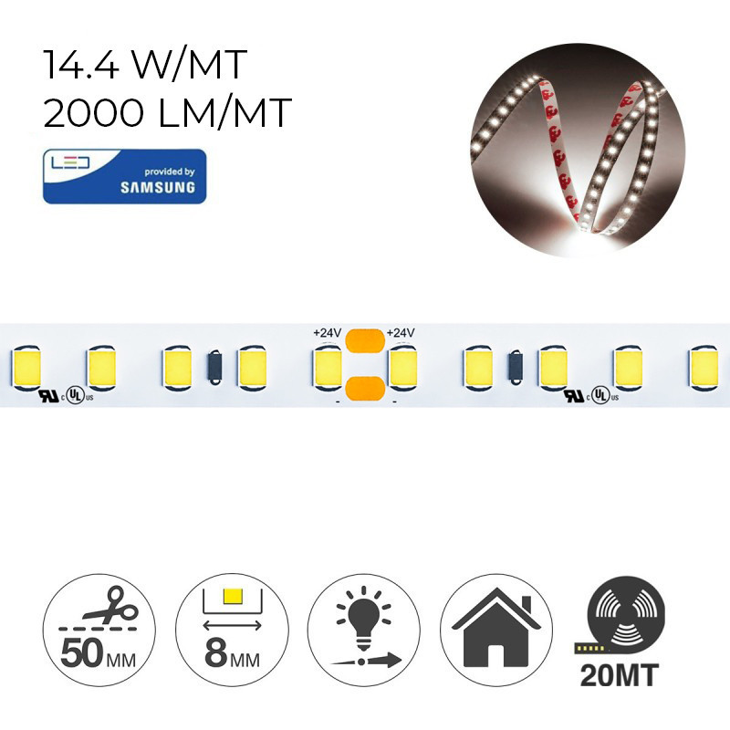 Striscia Led 20 metri 288W 32.000 Lumen DC 24V IP20 PCB 8mm