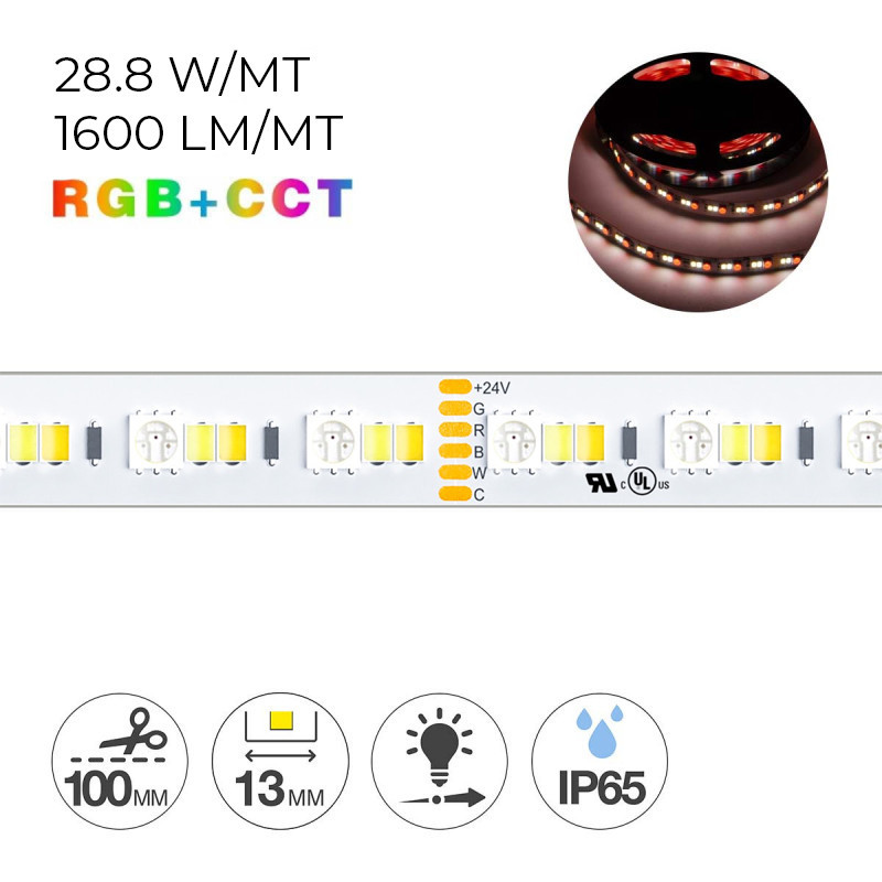 Striscia Led RGB+CCT 144W 24V IP65-TR PCB 13mm Multicolore e Dual White