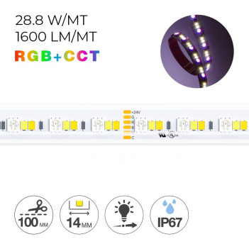 Striscia Led 24V 144W RGB+CCT Luce Colorata e Kelvin Variabili IP67 5mt en