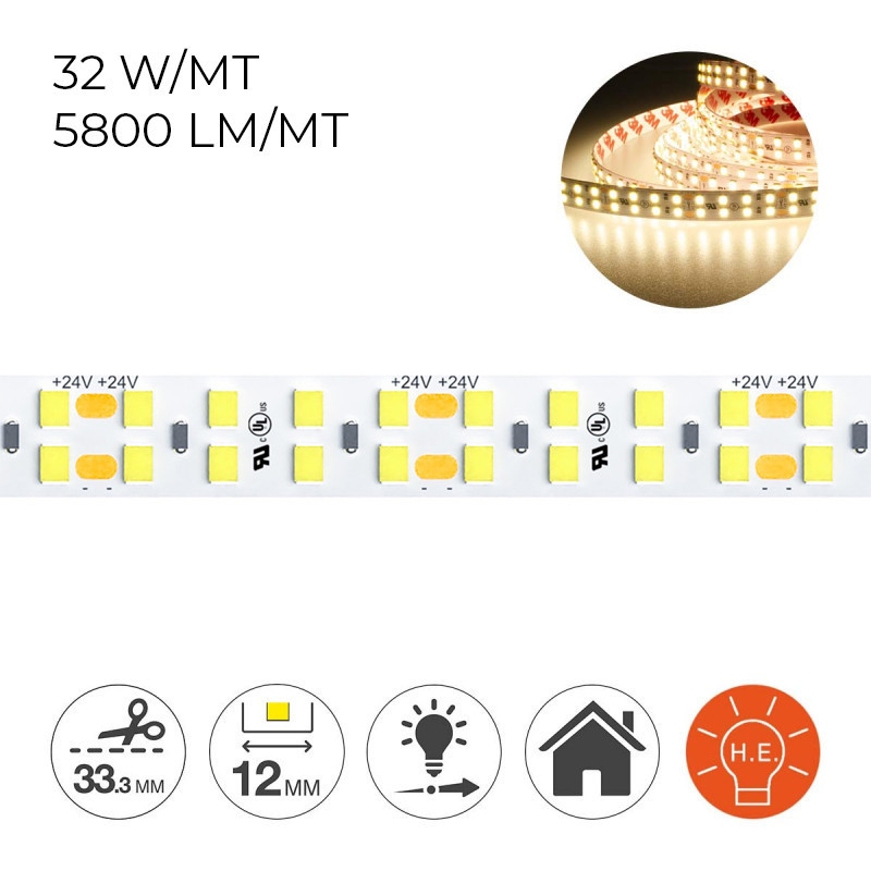 H.E. Led Strip 160W 27700lm 24V IP20 PCB 12mm coil 1200 SMD 2835