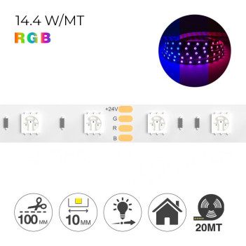 Strip Led 20m RGB 288W 24V IP20 PCB 10mm 1200 SMD 5050