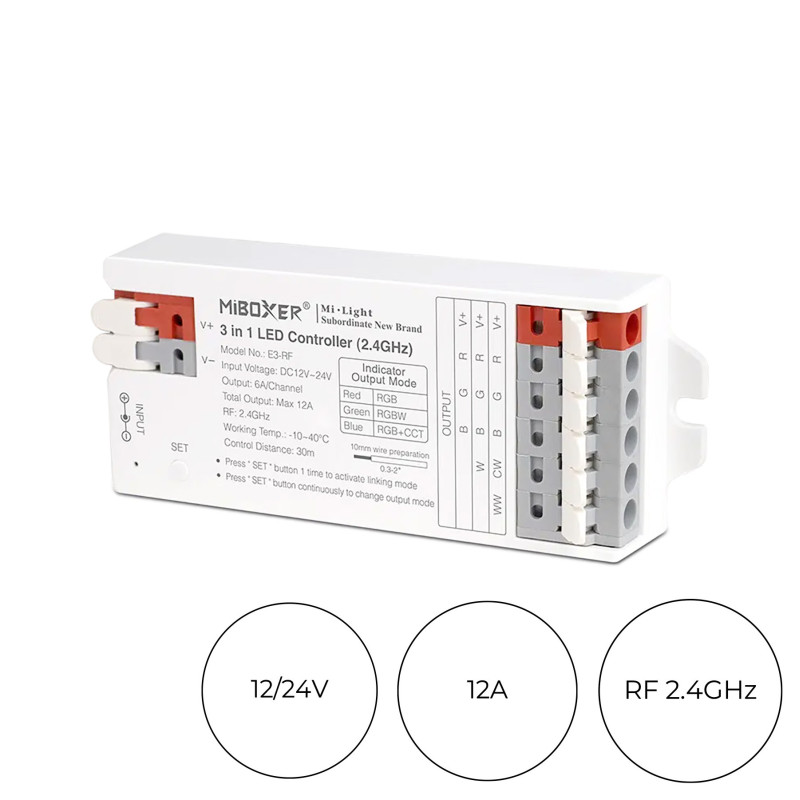 MiBoxer Mi Light E3-RF is an RF Receiver for RGB/RGB+W/RGB+CCT LED Strips at