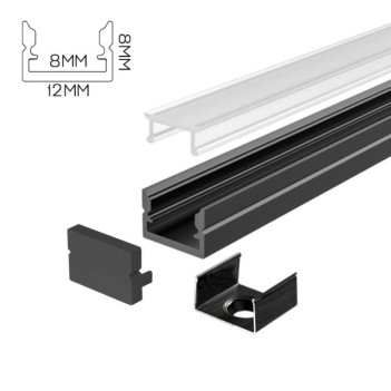 1208 Slim Aluminium Profile for Led Strip - Black 2mt - Complete Kit