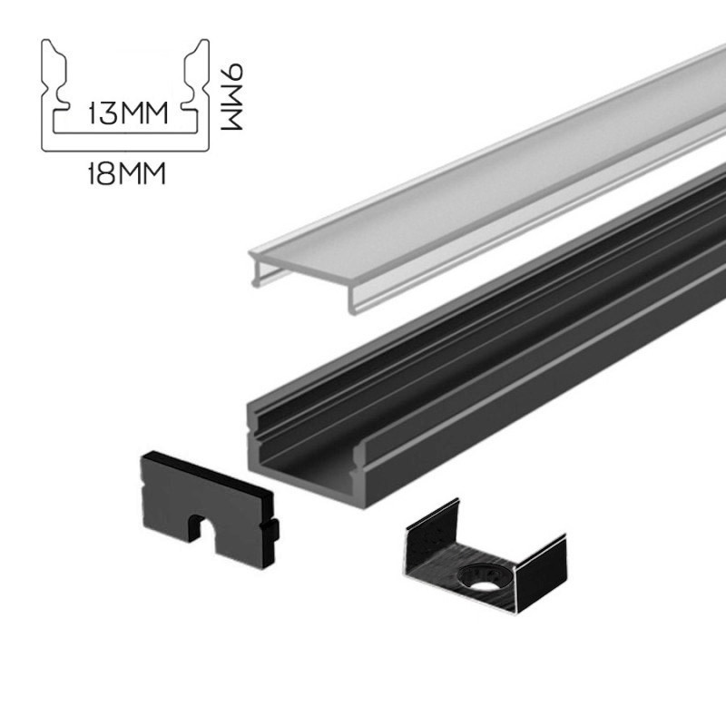 Profilo in alluminio piatto nero da 2 mt per Strip Led - Kit Completo