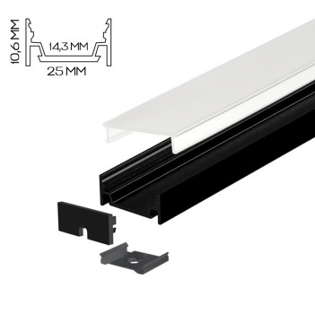 Black flat aluminium profile for LED strips with 2 m accessories