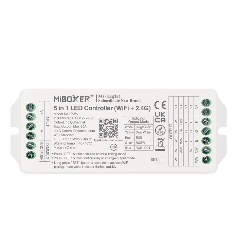 MiBoxer Mi Light PW5 Ricevitore 20A DC 12-48V WiFi e RF 2.4GHz per Strip Led Universale