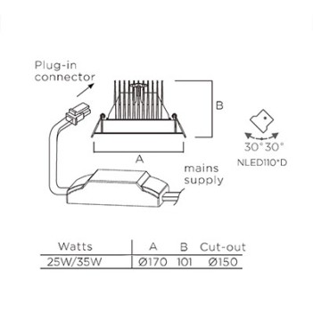 Faretto Led da Incasso Cri90 25W 1870lm 36D Foro Ø150mm su